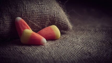 Colorful candy corn pieces resting on rustic burlap fabric in warm lighting to evoke autumn and festive holiday charm