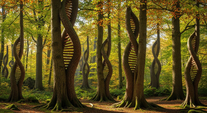 A surreal forest landscape featuring trees shaped like dna strands, creating a thoughtprovoking fusion of nature and genetic science