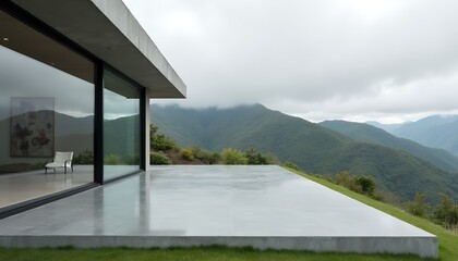 Fototapeta premium Modern concrete house with expansive mountain vista and minimalist interior modern architecture concrete patio