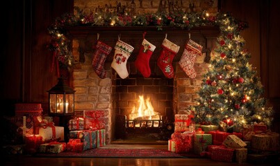 Cozy Christmas Fireplace with Stockings, Tree, and Presents Decor