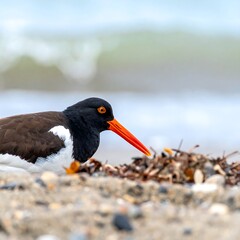 Bird on beach, near ocean