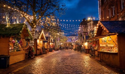 Fototapeta premium Enchanting Night Market with Festive Lights and Cozy Stalls