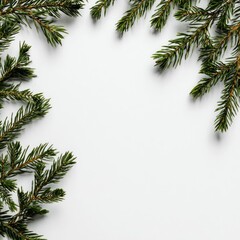 Green evergreen sprigs frame a blank white space, evoking a festive and natural ambiance