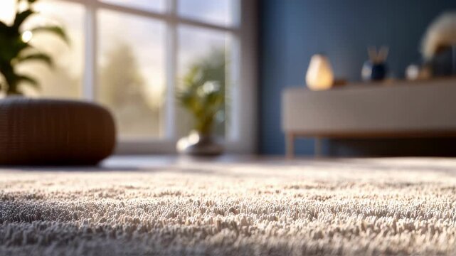 Shot emphasizing a plush carpets fibers absorbing sound carpet texture vivid and clear in foreground with blurred furniture enhancing the cozy ambiance.
