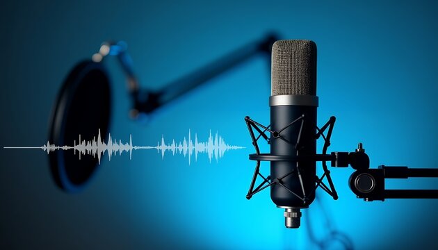 Studio microphone with audio waveform and pop filter image