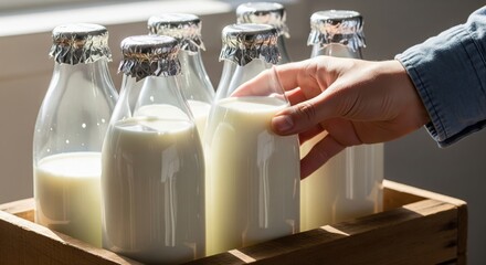 hand taking a fresh bottle of milk from a wooden delivery crate. A traditional dairy product with foil caps, ready for the market.