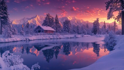 Winter lake reflects snowy cabin, mountains under vibrant sky