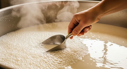 cheesemaker stirring hot, steaming milk in a large steel vat. The process of making cheese or pasteurizing at a local dairy farm.