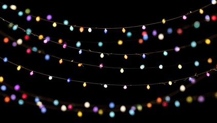 Multicolored string lights in a blurred,  out-of-focus,  night-time setting