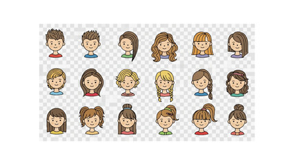 Illustration of diverse cartoon people faces with various hairstyles and expressions on transparent background