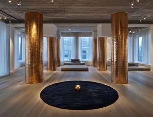 Modern room w/copper pillars, round rug, & platforms