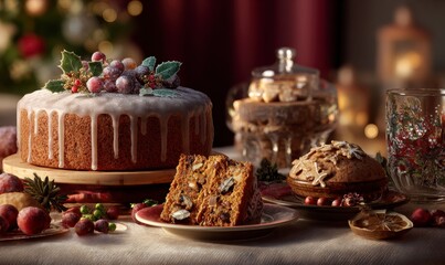 Festive Holiday Dessert Table with Cakes, Sweets, and Decorations