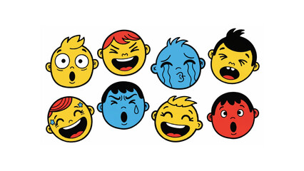 Cartoon illustration of eight expressive faces showing a range of emotions and colorful character designs