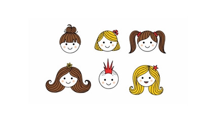 Illustration of six cartoon faces with different hairstyles and accessories on a white background design style
