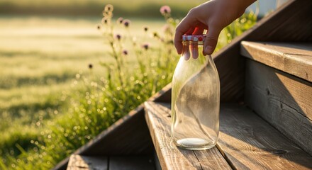 hand collecting an empty milk bottle from a porch step in the morning. A reusable glass container ready for the next farm delivery.