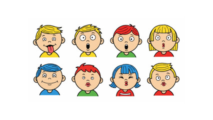 Cartoon illustration of eight different children making various facial expressions in a colorful arrangement