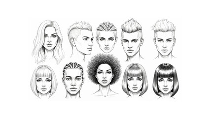 Collection of diverse hairstyles and facial features in black and white sketch illustrations on white background