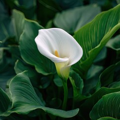 Elegant white calla lily with yellow spadix, surrounded by lush, deep green leaves