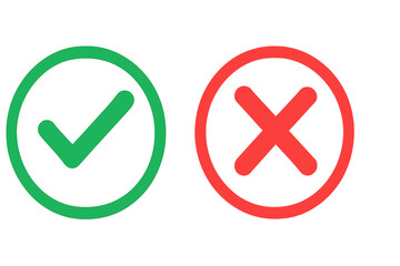 Check mark and cross icon set. Green tick for correct, approved, and yes. Red X for incorrect, rejected, and no. Vector symbols for evaluation, decision, and validation.