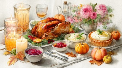 Watercolor illustration of a Friendsgiving dinner table with roasted turkey, pumpkin pie, mashed potatoes, cranberry sauce, autumn leaves, candles, and mini pumpkins, warm fall colors