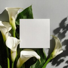 White calla lilies, green leaves, and a blank white card on a grey background with shadows