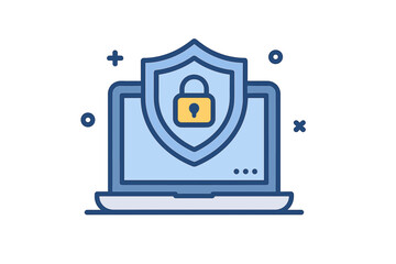 Cybersecurity concept with laptop, shield, and lock. Data protection, privacy, and internet security. Antivirus and firewall defense vector icon for network safety.