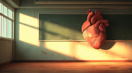 Surreal large heart sculpture hangs in empty classroom under soft light, symbolizing education, passion, and the human experience