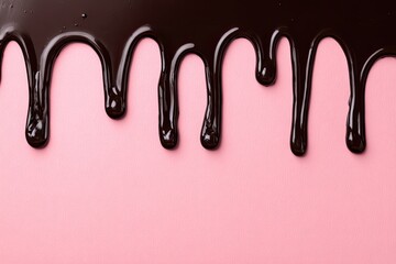 Dark chocolate drips cascading down over a smooth, soft pink background, creating a visual contrast