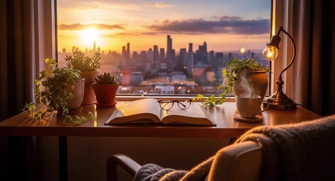 Opened book resting on table by window overlooking glowing evening cityscape atmosphere
Seamless looping, virtual video animation background. Generated AI	
