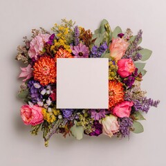 A floral arrangement surrounds a blank white square, top down view, bright colors