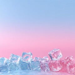 Transparent ice cubes on a gradient background of pastel pink and blue