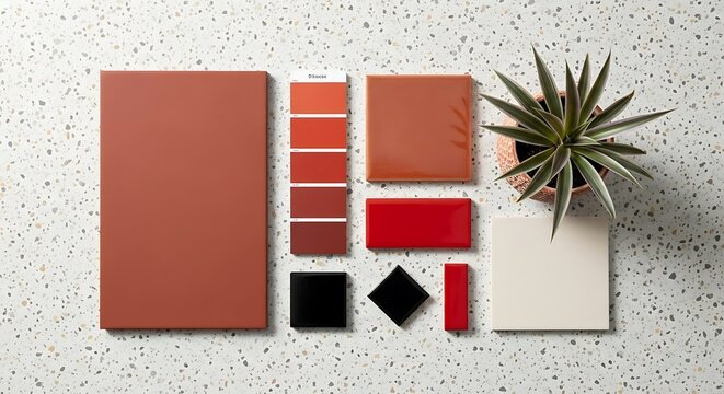 Ceramic tiles and color palette with potted plant on terrazzo background, top view