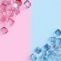 Pink & blue halved background with scattered ice cubes on each side, melting drops visible