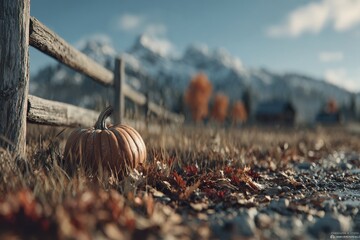 Autumn Landscape with Pumpkin, Mountains, and Wooden Fence in a Peaceful Rural Setting