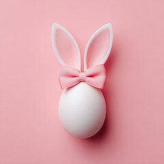 A white egg adorned with pink bunny ears and a matching bow against a soft pink background
