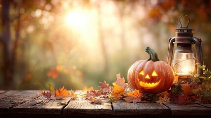 Happy Halloween pumpkin with glowing face and lantern surrounded by autumn leaves at sunset in a forest setting