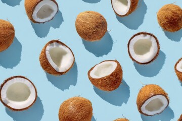 Overhead shot of several whole and halved coconuts arranged on a solid blue surface