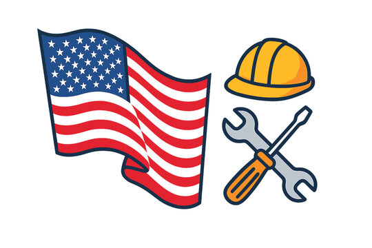 Happy Labor Day USA greeting card banner. American patriotic holiday vector illustration with USA flag, hard hat, wrench and screwdriver. Symbol of work, job and industry.