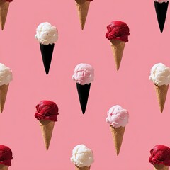 Repeating pattern of ice cream cones in various flavors on a vibrant pink background