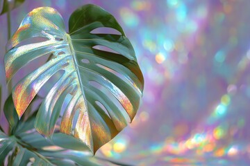 Close-up of a large split-leaf philodendron leaf with iridescent sheen & bokeh background