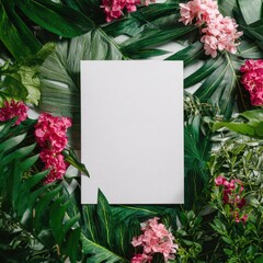 Blank white square surrounded by vibrant green leaves and colorful pink blossoms