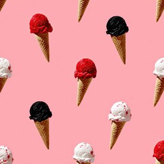 Repeating pattern of ice cream cones with colorful scoops against a pink background