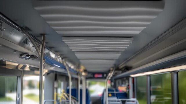 Interior view of a modern and clean city bus with no passengers, featuring rows of empty blue seats and handrails while moving through a suburban neighborhood on a sunny day
