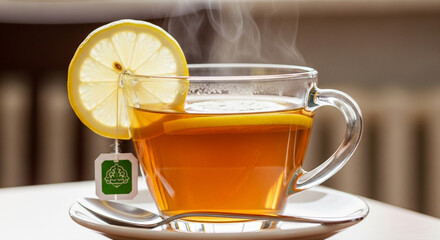 Aromatic cup of hot tea with lemon slice and tea bag on a saucer, steam rising, offering a comforting and refreshing beverage experience in a cozy setting