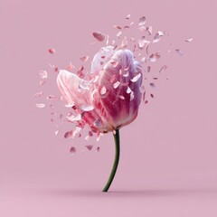 Pink tulip with scattered petals against a soft pink background; concept of disintegration
