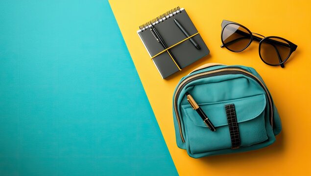 Study essentials teal backpack, gray notebook, sunnies, on gold