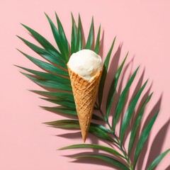 An ice cream cone rests atop a tropical frond against a pink backdrop, casting a shadow