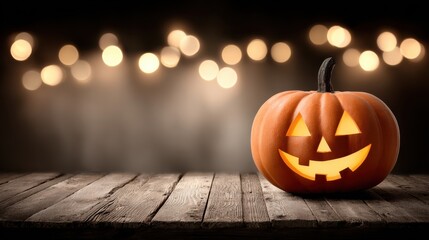 Spooky Halloween Pumpkin Lantern with Bright Smile Illuminated Against a Blurry Background with Warm Amber Lights