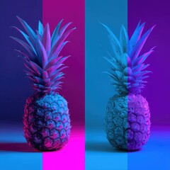 Two pineapples under vibrant, alternating colored light in a studio setting