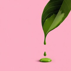A single green leaf with a dripped paint effect against a smooth pink background